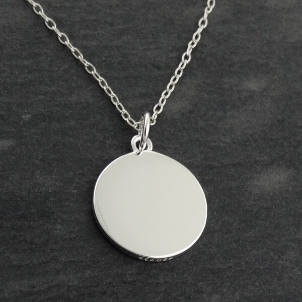 Custom Engraved 925 Sterling Silver 15mm Round Charm Necklace - Personalization Included Text Handwriting Drawing