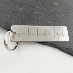 Custom Engraved EKG ECG Heartbeat Key Chain - 63mm x 19mm Rectangle Stainless Steel Tag with Personalized Engraving