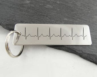 Custom Engraved EKG Heartbeat Keychain: Stainless Steel Personalized Tag