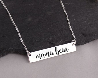 Mama Bear Bar Necklace - 925 Sterling Silver - Engraved Jewelry 17" Chain Gift for Mom