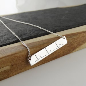 Custom EKG Heartbeat Bar Necklace - 925 Sterling Silver - Add Your Own Heartbeat Image Personalized Engraved