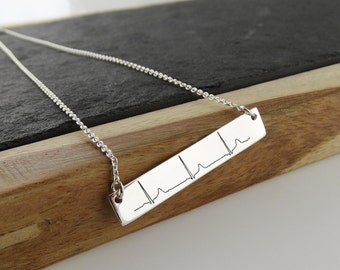 Custom EKG Heartbeat Bar Necklace - 925 Sterling Silver - Add Your Own Heartbeat Image Personalized Engraved