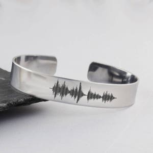 Custom Engraved Sound Wave Cuff Bracelet - 1/2&quot; x 7&quot; Stainless Steel Bracelet with Personalized Audio Image