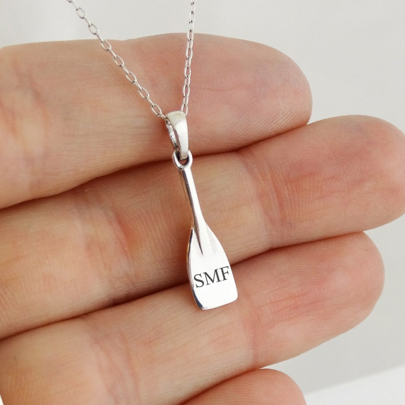 Personalized Rowing Oar Crew Charm Necklace 925 Sterling Silver Personalized Custom up to 3 Letters or Numbers 18 Inch Chain image 1