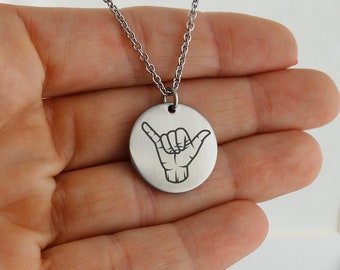 Hang Loose Shaka Pendant Necklace - Stainless Steel - Hawaiian Hang Ten Sign Symbol Surfer -  18" Chain