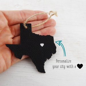 Personalized Texas State Ornament or Gift Tag - Lasered Leatherette - Heart Engraved Near Your City or Custom Text