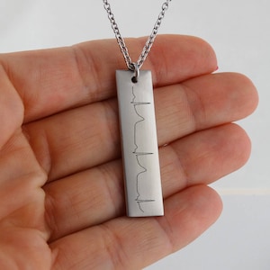 Personalized Stainless Steel EKG ECG Heartbeat Bar Necklace - 40mm x 10mm Custom Pendant with 18" Chain