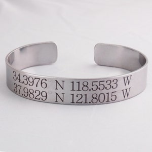 Custom Engraved Coordinates Cuff Bracelet - 1/2&quot; x 7&quot; Stainless Steel Bracelet with Personalized Latitude Longitude Location Destination