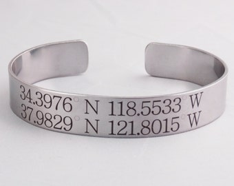 Custom Engraved Coordinates Bracelet - Stainless Steel Latitude Longitude Cuff