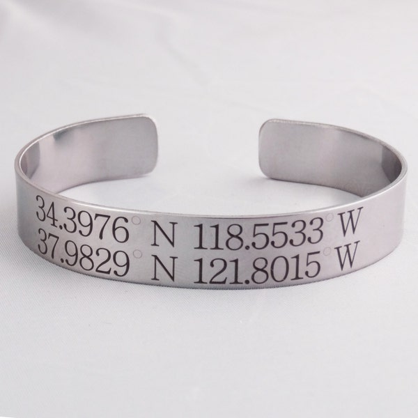 Personalized Engraved Cuff Bracelet -  Customized Longitude Latitude - Destination Location Coordinates Bracelet