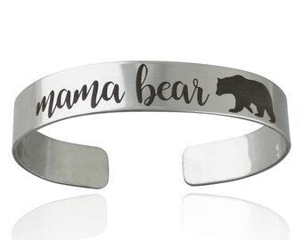 Mama Bear Engraved Cuff Bracelet - Stainless Steel Cuff - Family Jewelry Bangle Bear Momma Adjustable