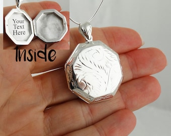Engraved Diamond Cut Octagon Locket Necklace - 925 Sterling Silver- Personalized Custom Text on Inside - 18" Sterling Snake Chain