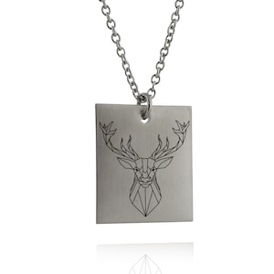 Polygonal Stag Deer Pendant Necklace - Stainless Steel - Engraved Line Art Animal Woodland Creature 18&quot; Chain