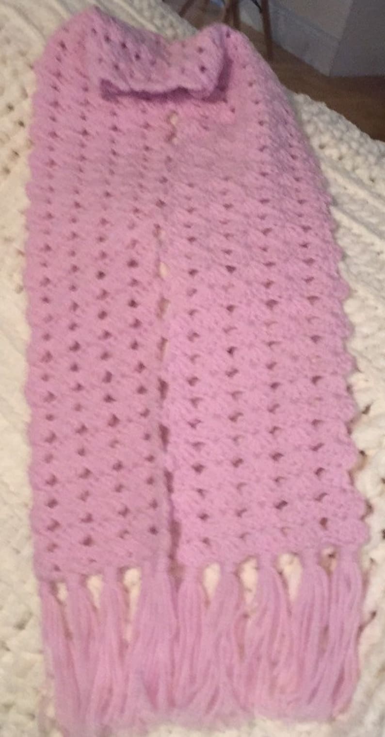 Hand Crocheted Neck Scarf 51 x 5 12 Excluding Fringe Pretty Pink Lovely Gift Shell Stitch Pattern Early Christmas Shopping