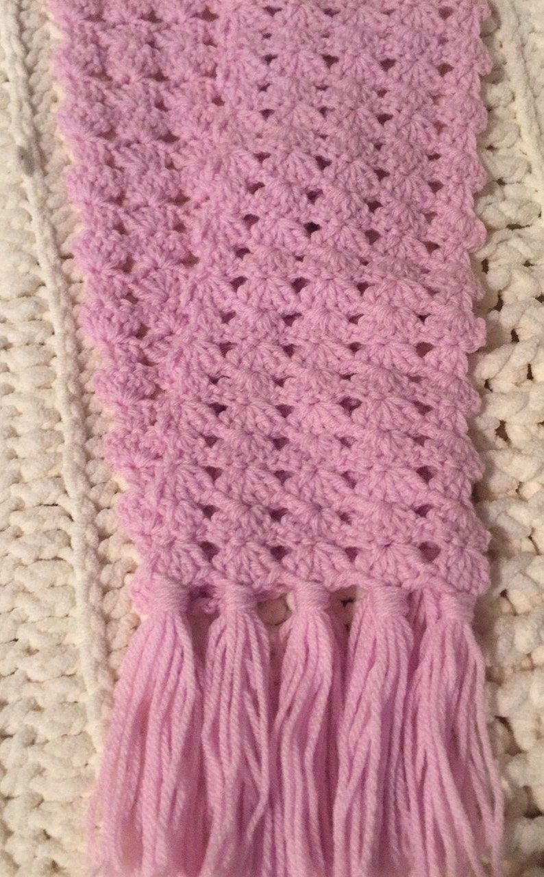 Hand Crocheted Neck Scarf 51 x 5 12 Excluding Fringe Pretty Pink Lovely Gift Shell Stitch Pattern Early Christmas Shopping