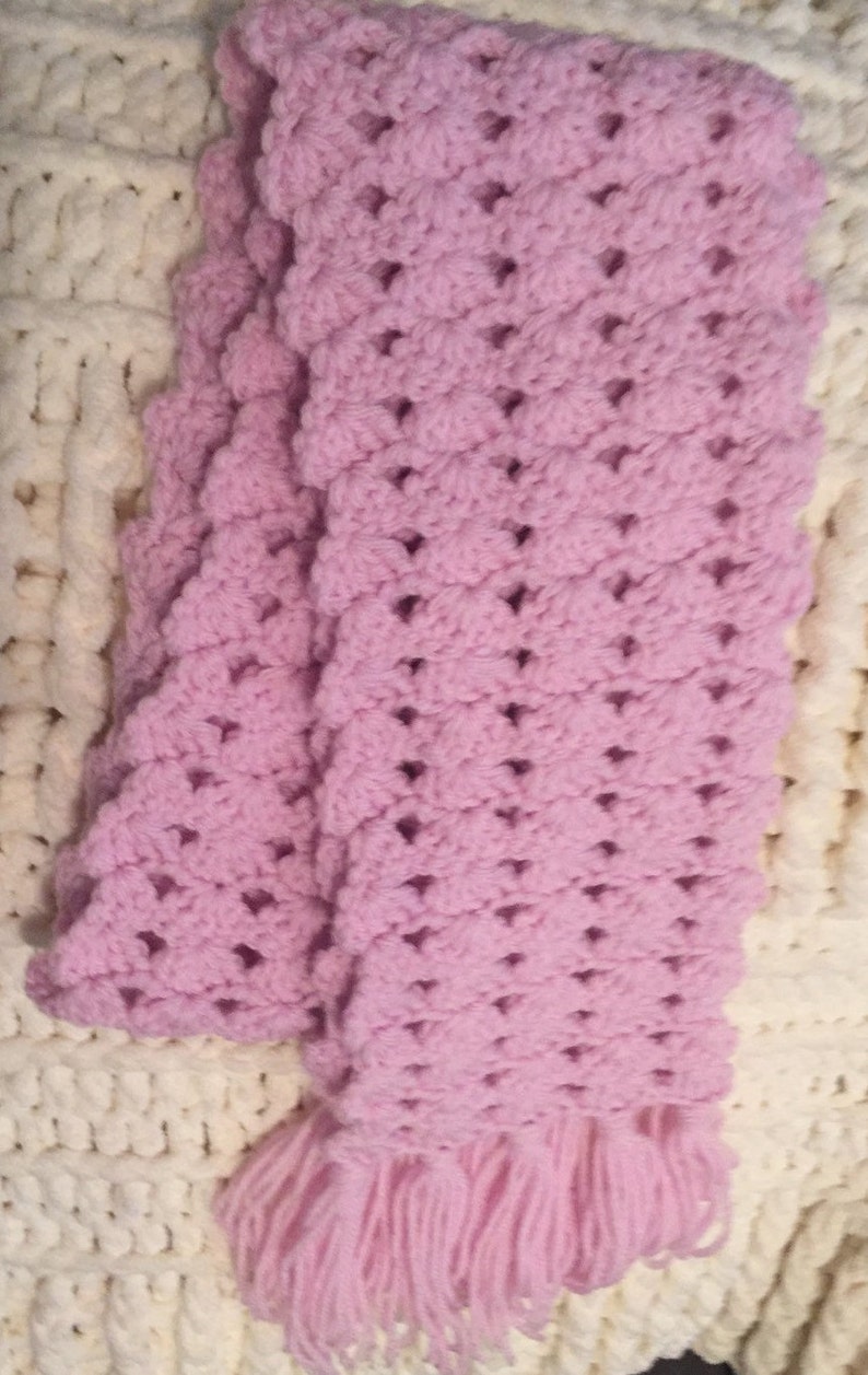 Hand Crocheted Neck Scarf 51 x 5 12 Excluding Fringe Pretty Pink Lovely Gift Shell Stitch Pattern Early Christmas Shopping