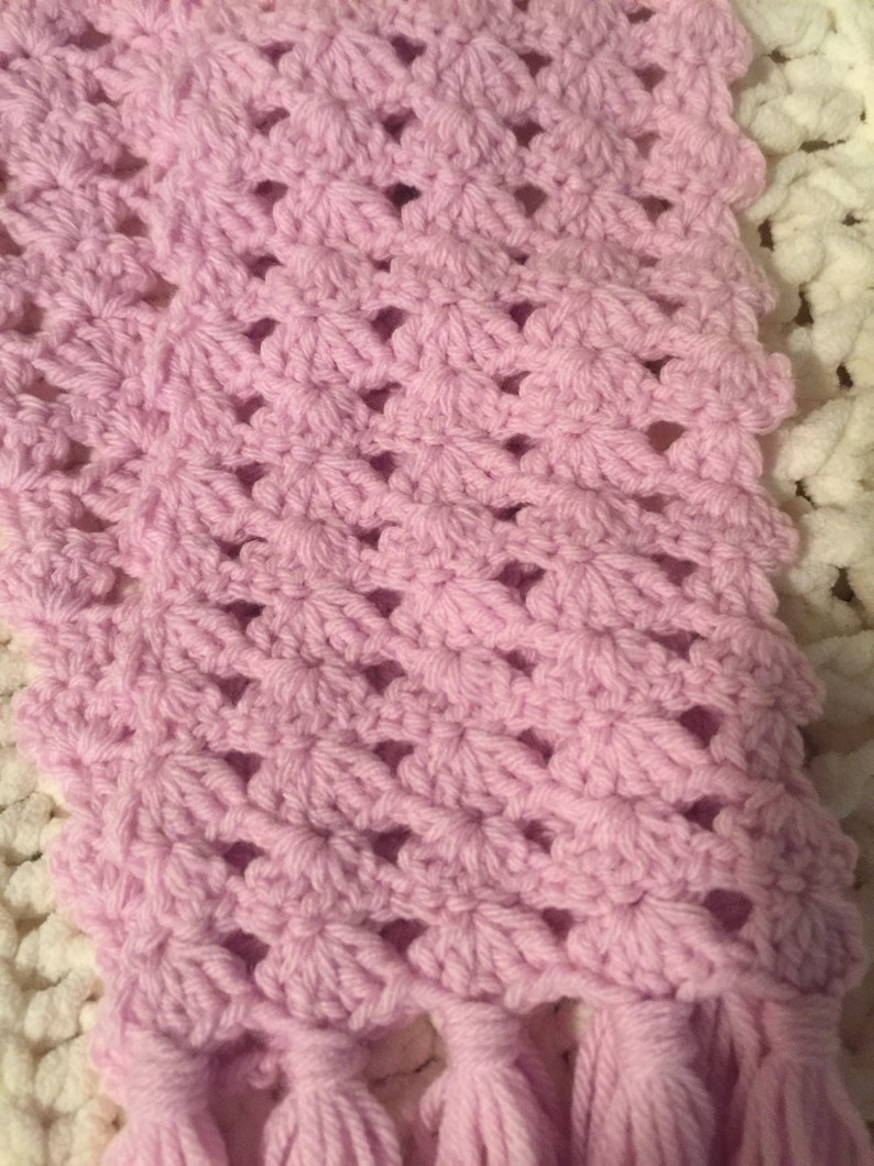 Hand Crocheted Neck Scarf 51 x 5 12 Excluding Fringe Pretty Pink Lovely Gift Shell Stitch Pattern Early Christmas Shopping