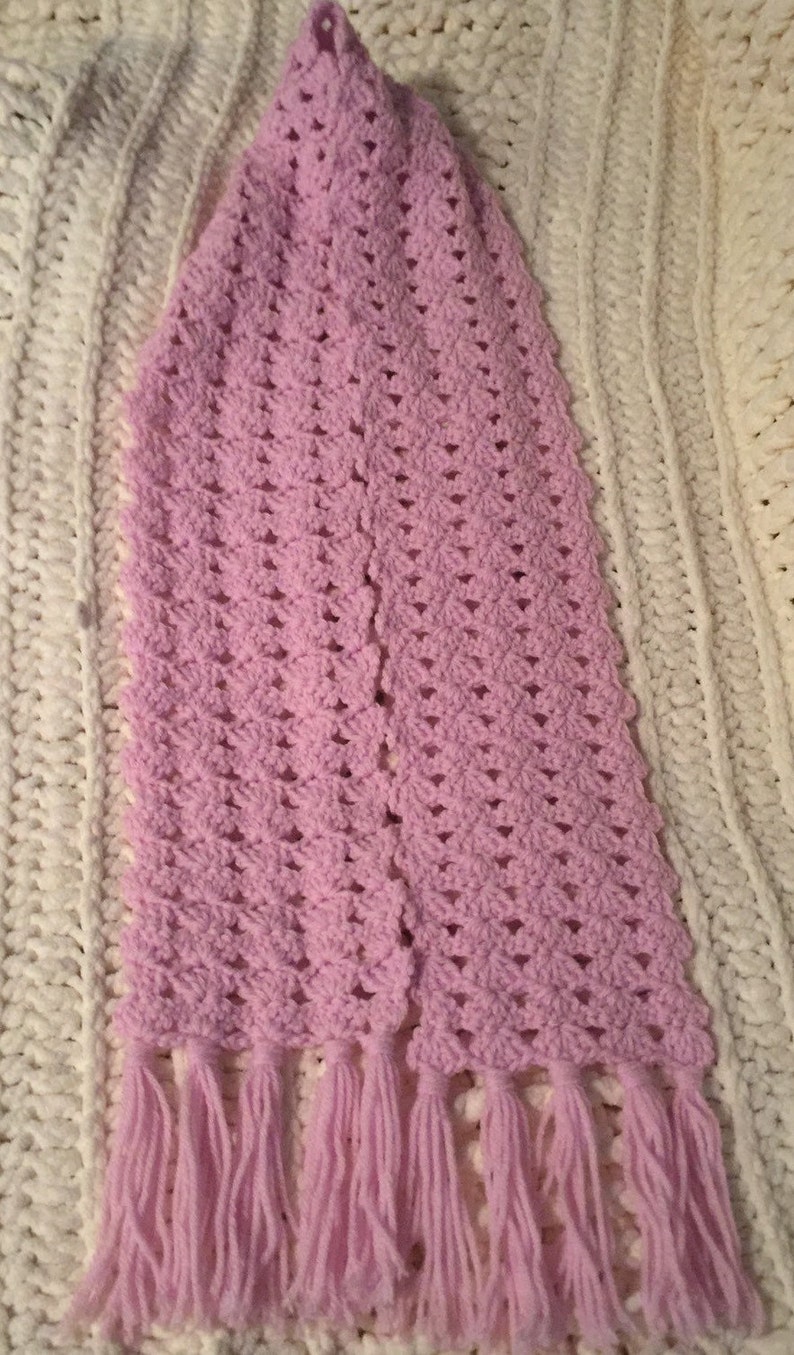 Hand Crocheted Neck Scarf 51 x 5 12 Excluding Fringe Pretty Pink Lovely Gift Shell Stitch Pattern Early Christmas Shopping