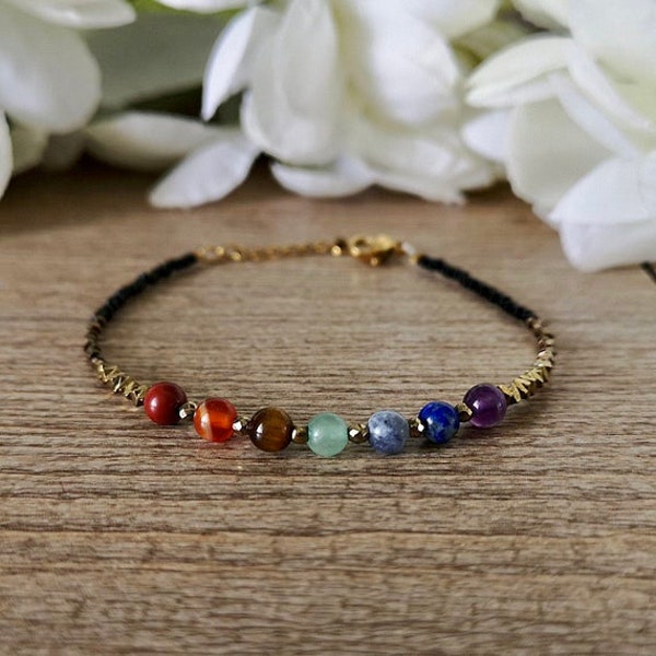 Bracciale fine 7 chakra, pietre naturali e acciaio inossidabile