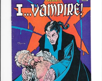 May include: Comic book cover for "The House of Mystery" presents "I...Vampire!" featuring a vampire in a black and blue cloak, attacking an older man. The background is purple with an orange starburst design. The comic book is marked "All New!" and "June".