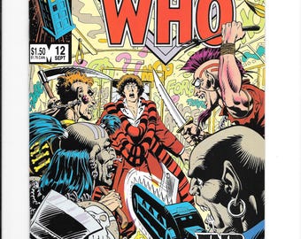 May include: A Marvel Doctor Who comic book issue 12, dated September, featuring a central figure in a red and black striped scarf surrounded by several aggressive characters wielding weapons like a scythe, swords, and a chainsaw, with the text End of the Line.