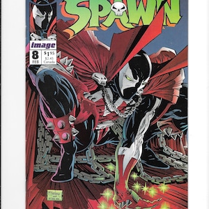 May include: Comic book cover featuring Spawn, a red-caped superhero with a black and white skull mask, holding a chain in his hand. The cover is red, black, and white with a green background. The title "Spawn" is written in large, white letters across the top of the cover. The issue number is 8, and the date is February.