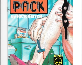 May include: Comic book cover titled "BRAT PACK" by Rick Veitch. The illustration depicts a person shaving their leg with a razor, with blood visible. A black eye mask hangs from the person's mouth. The cover includes the "KING HELL" logo.