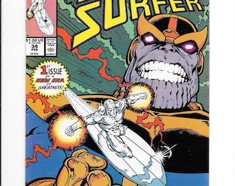 May include: Comic book cover for "The Silver Surfer" featuring the Silver Surfer riding his board, with Thanos in the background. The cover has the Marvel Comics logo and text that reads "Call Him Thanos, Call Him Death!"