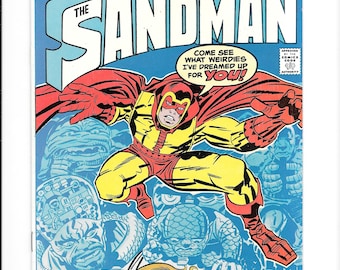 May include: The Sandman comic book cover features a yellow and red superhero with a cape, flying over a group of monstrous creatures. The cover text reads "The Sandman" and "He's Back! The Man Who Brought You All Those Wonderful Horrible Dreams!"  The comic book is a Simon and Kirby special.