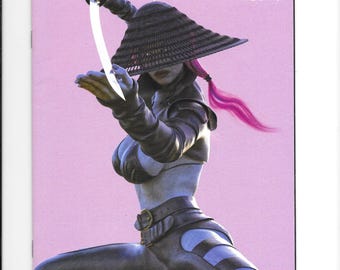 May include: A comic book cover featuring a female figure in a warrior pose, holding a sword. The figure wears a dark outfit with blue accents and a straw hat. The background is pink, and Japanese text is at the top and bottom.