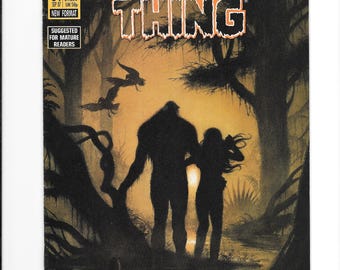 May include: Comic book cover for "Swamp Thing" issue #64. The cover features a silhouetted figure of Swamp Thing and a woman walking through a swamp. The title is in orange and black, with the DC Comics logo in the upper left corner.
