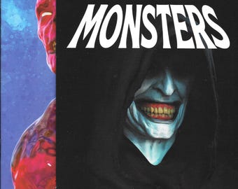 May include: Comic book cover featuring the title "MONSTERS" in bold white letters. The cover art depicts a sinister figure in a black hood with a wide, unsettling grin. A second, red-toned figure is partially visible on the left.