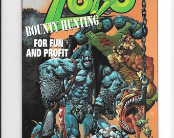 May include: A comic book cover titled Lobo Bounty Hunting For Fun And Profit featuring a muscular blue-skinned character with long black hair, a skull belt buckle, and chains. The artwork includes a large toothy creature and a bulldog-like animal.