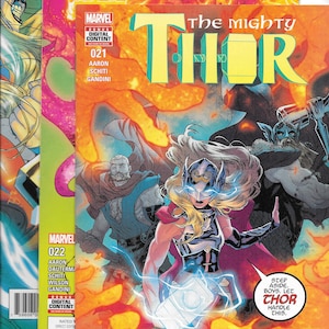May include: Comic book covers of "The Mighty Thor" featuring vibrant illustrations of Thor and other characters. The covers display the Marvel Comics logo, issue numbers, and the text "Step aside, boys. Let Thor handle this."