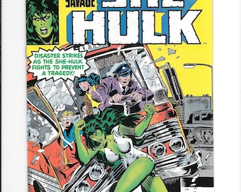 May include: A vintage comic book cover featuring She-Hulk in action. The cover has a yellow background with the title "The Savage She-Hulk." She-Hulk is depicted in a white outfit, with green skin, and green hair. The comic book is titled "Deathrace!"