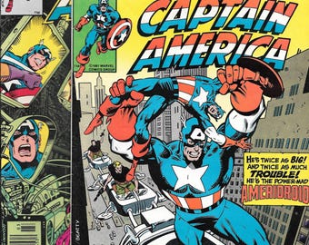 May include: A vintage Captain America comic book cover. The cover features Captain America in a dynamic pose, with the title in bold, patriotic colors. The comic book is from Marvel Comics Group.