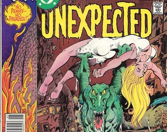 May include: Comic book covers for "Unexpected" featuring vibrant illustrations. One cover shows a woman held by a green alligator, while another displays a fiery scene with text "No Penny - No Paradise!" and "This is it! The last mind-tingling issue of the..."