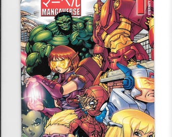 May include: A Marvel Mangaverse comic book cover featuring the number 1 and the text Eternity Twilight. The illustration displays a group of characters including a green muscular figure, a red and gold armored robot, and Spider-Man.