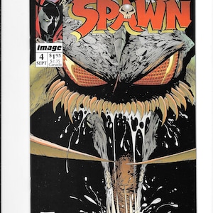 Peut inclure: Une bande dessinée intitulée Spawn numéro 4, datée de septembre, représentant une grande créature monstrueuse aux yeux orange brillants, aux dents acérées et à la salive dégoulinante. La couverture inclut le logo rouge Spawn et Image Comics.