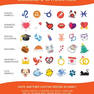 May include: A graphic featuring various design categories, including zodiac symbols, romantic designs, special occasions, seasonal, wedding/anniversary, and cute animals. The image includes text that says "MULTIPLE DESIGNS & CATEGORIES".
