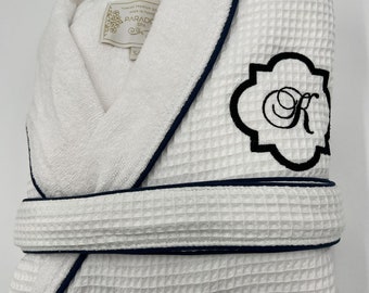 2nd Anniversary Cotton Gift for Couples, Personalized 100% Cotton Waffle/Terry Spa Robe with Navy Piping, Custom, Embroidered Robe