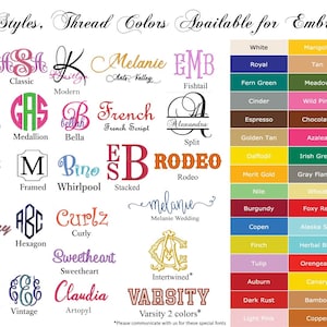 Embroidery fonts and thread colors for Personalized memorable gifts. 2nd Anniversary Cotton Gift, Christmas gift, Thanksgiving gift, birthday gift, Valentine's Day gift, hostess gift, wedding gift, graduation gift.