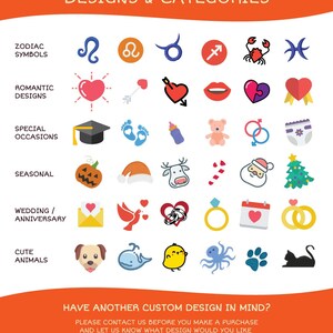 Puede incluir: Un gr&aacute;fico con m&uacute;ltiples categor&iacute;as de dise&ntilde;o para productos personalizados, que incluyen s&iacute;mbolos del zod&iacute;aco, dise&ntilde;os rom&aacute;nticos, ocasiones especiales, dise&ntilde;os de temporada, bodas y aniversarios, y animales lindos. Cada categor&iacute;a tiene una fila de seis iconos coloridos.