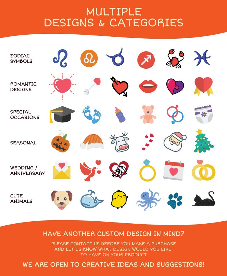 Puede incluir: Un gr&aacute;fico con m&uacute;ltiples categor&iacute;as de dise&ntilde;o para productos personalizados, que incluyen s&iacute;mbolos del zod&iacute;aco, dise&ntilde;os rom&aacute;nticos, ocasiones especiales, dise&ntilde;os de temporada, bodas y aniversarios, y animales lindos. Cada categor&iacute;a tiene una fila de seis iconos coloridos.