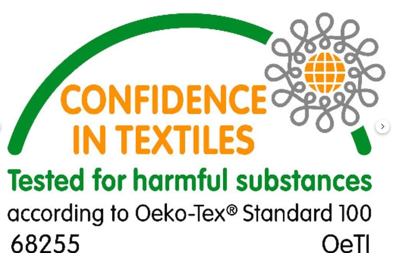 May include: Image of the Oeko-Tex Standard 100 label, a certification for textiles. The logo features a green arc with the words "CONFIDENCE IN TEXTILES" in orange. Below, it states "Tested for harmful substances" and "according to Oeko-Tex Standard 100".