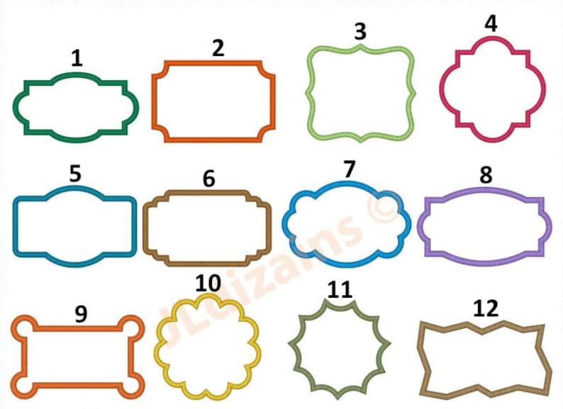 Puede incluir: Doce dise&ntilde;os de marcos diferentes, numerados del 1 al 12, con varios colores y formas. Los marcos est&aacute;n todos vac&iacute;os y listos para ser rellenados con texto o im&aacute;genes.