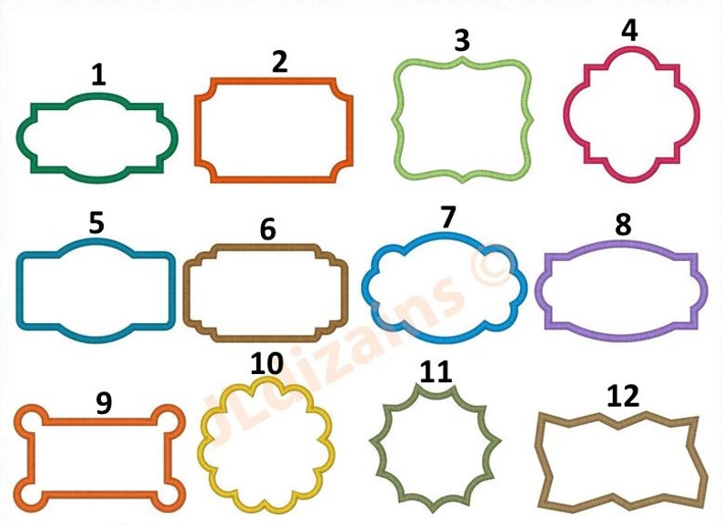 May include: Twelve different frame designs, numbered 1 through 12, with various colors and shapes. The frames are all empty and ready to be filled with text or images.