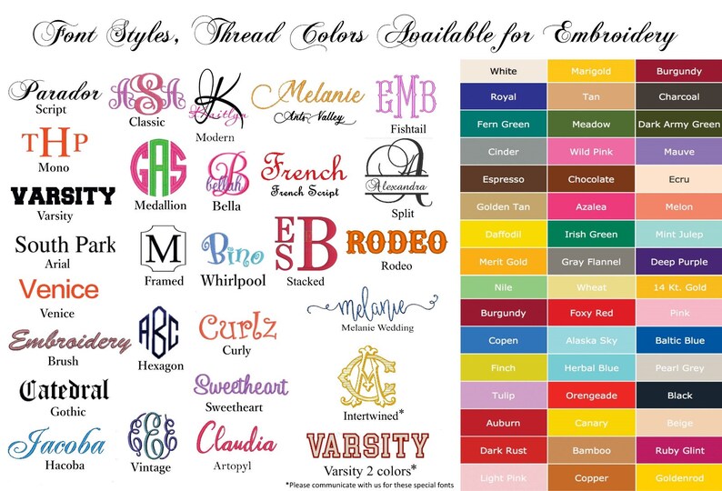 Embroidery fonts and thread colors for Personalized memorable gifts. 2nd Anniversary Cotton Gift, Christmas gift, Thanksgiving gift, birthday gift, Valentine's Day gift, hostess gift, wedding gift, graduation gift.