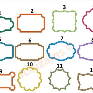 May include: Twelve different frame designs, numbered 1 through 12, with various colors and shapes. The frames are all empty and ready to be filled with text or images.