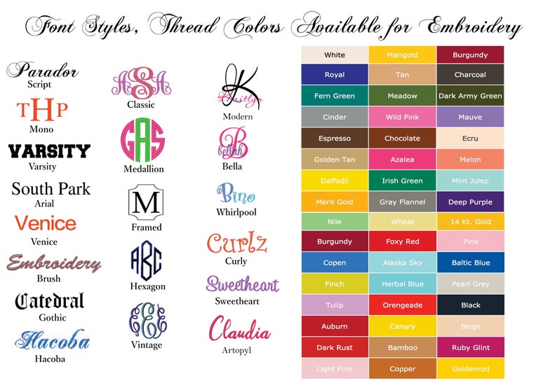 Embroidery Fonts designs thread colors for Turkish Towels and bathrobes, Made in Turkey